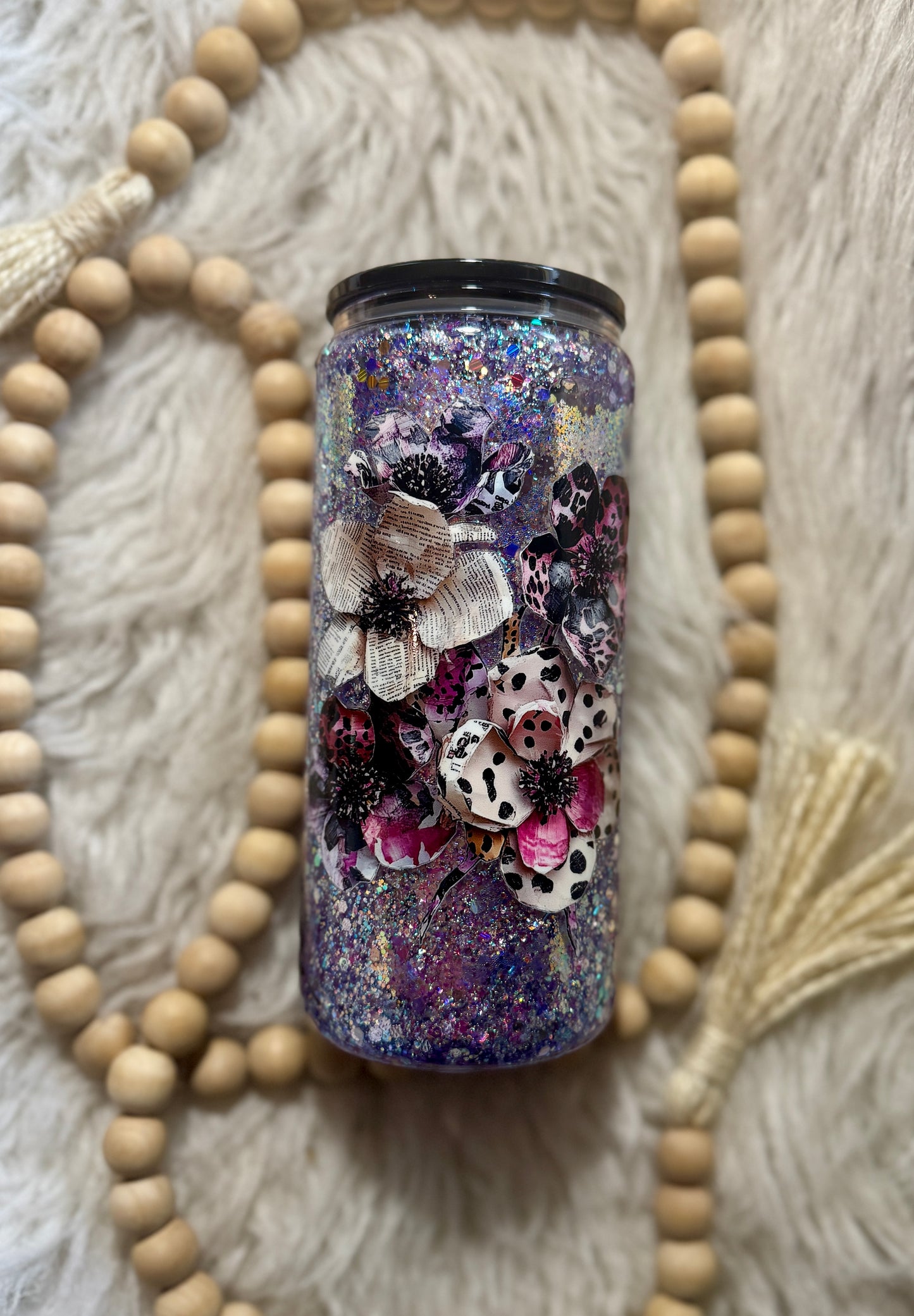 {RTS} 16oz Glass Snowglobe w/ Newspaper Flowers