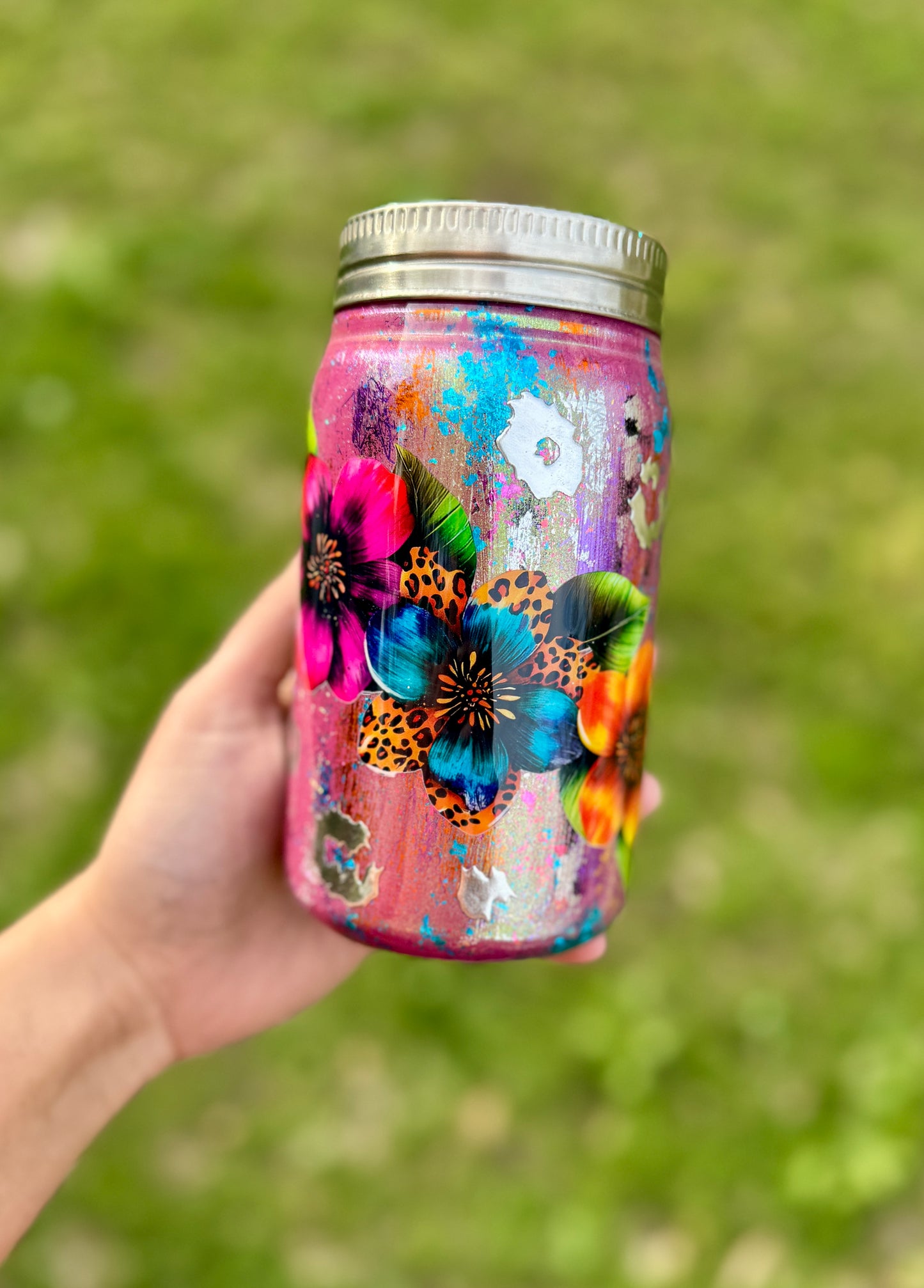 {RTS} 17oz Pink Floral Mason Jar Tumbler