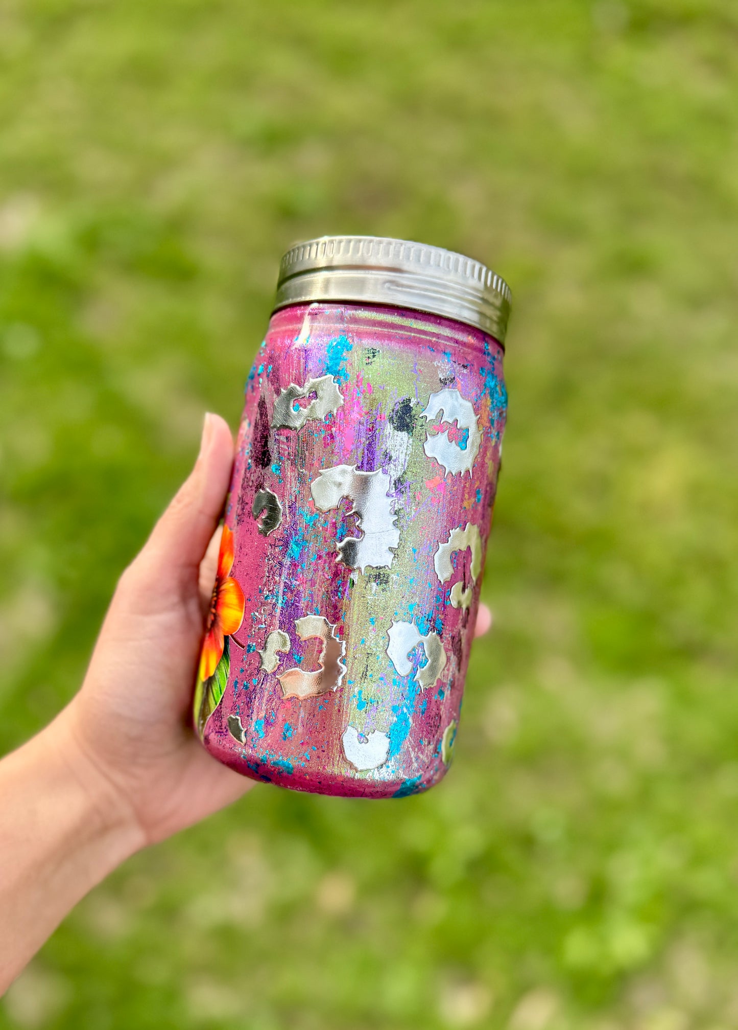 {RTS} 17oz Pink Floral Mason Jar Tumbler